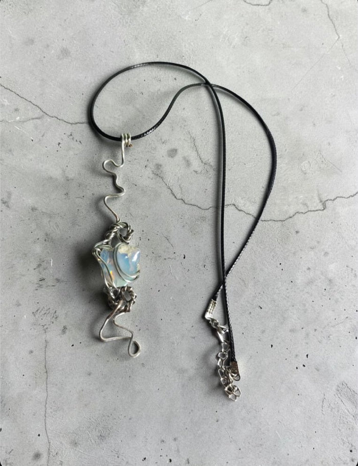 Squiggle Drop Necklace — Opalite Heart, Black Cord