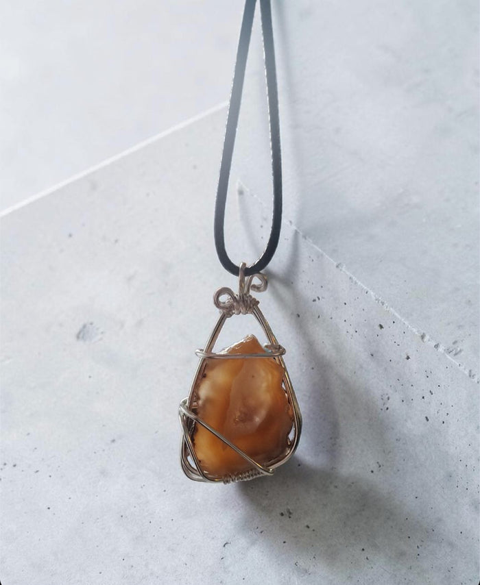 Honey Stone Necklace — Carnelian Pendant, Leather Cord