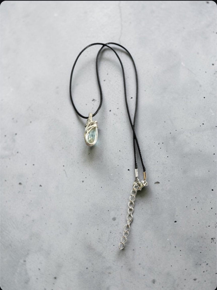 Little Wave Necklace — Aquamarine Drop, Black Cord