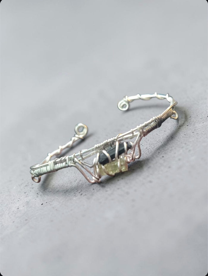 Twin Stone Cuff Bracelet — Black & Yellow Crystals, Silver Wire