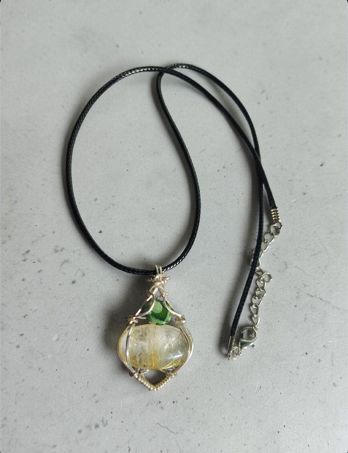 Sun & Moss Necklace — Citrine Pendant with Green Accent, Black Cord