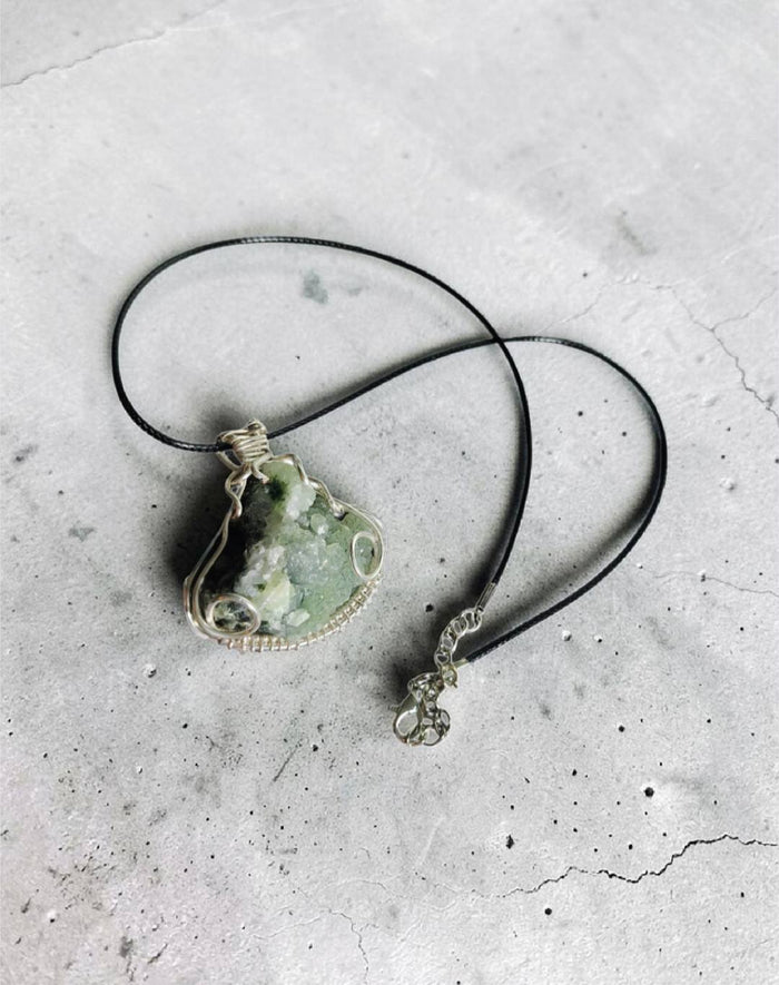 Geode Garden Necklace — Raw Prehnite Cluster, Black Cord