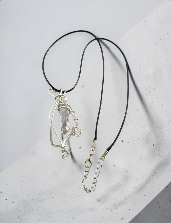 Crystal Lantern Necklace — Raw Amethyst Point, Black Cord