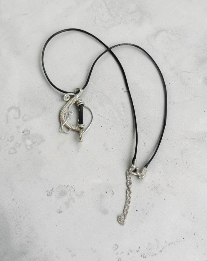 Moon Shard Necklace — Black Tourmaline, Silver Wire, Black Cord