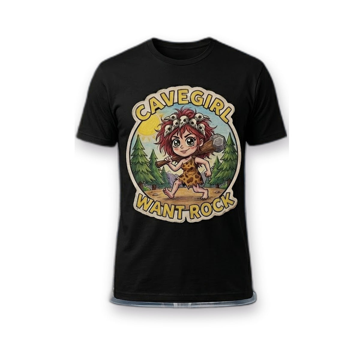 Cavegirl Want Rock T-Shirt — Black, Unisex Cotton