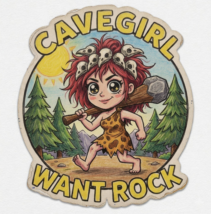 Cavegirl Want Rock Sticker — Vinyl, Die-Cut